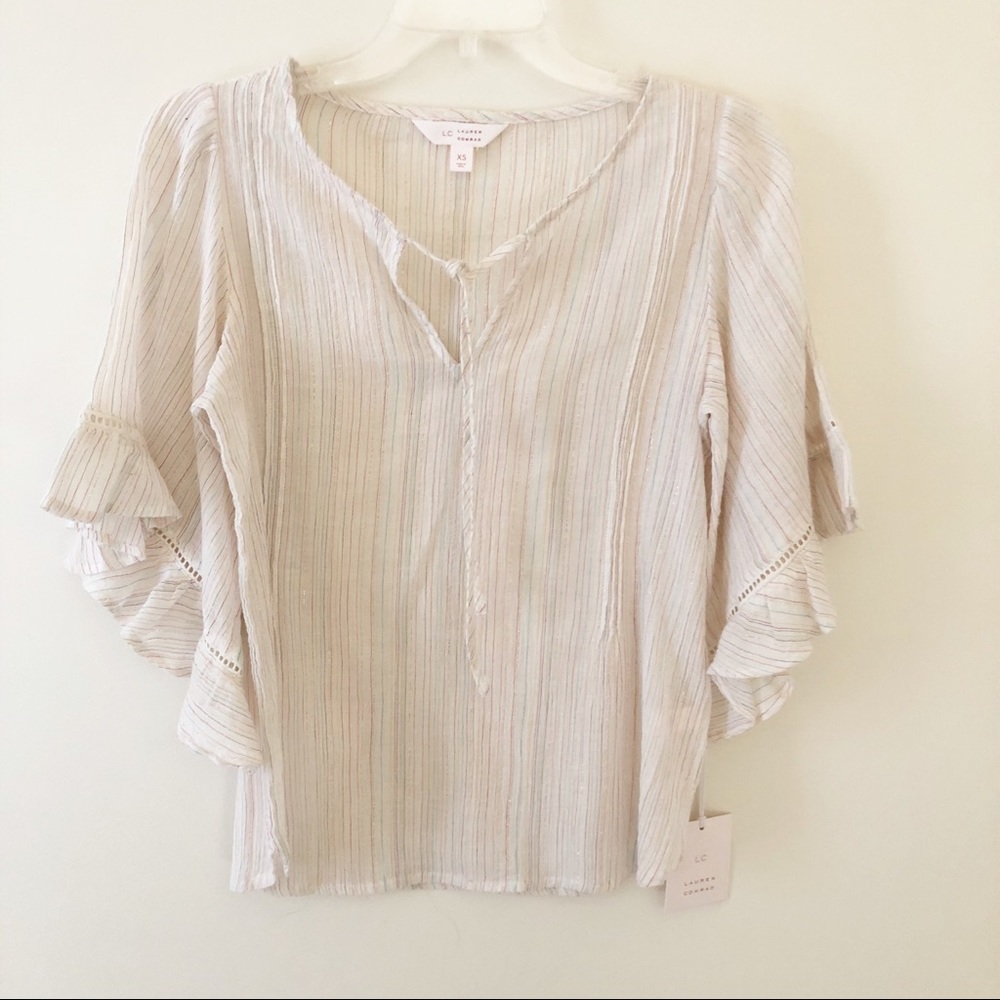 LC LAUREN CONRAD Flounce Sleeve Boho Top w Trim